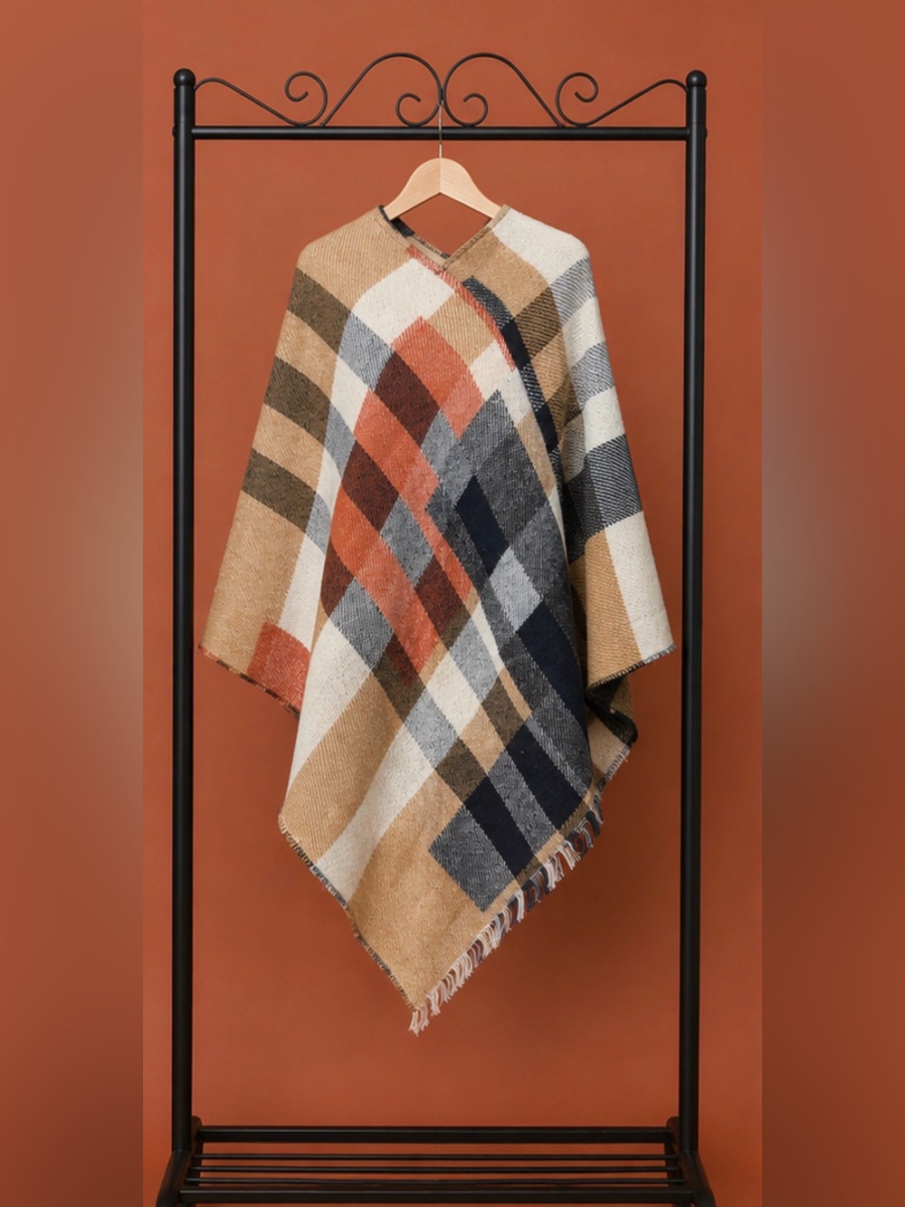 LOF brand Plaid Cape Poncho in Tan, Cream, Navy, Rust SOFT blue plaid inside